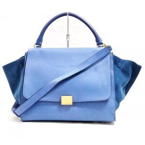 Auth Celine Two Tone Blue Leather Suede 2way Structured Medium Trapeze Satchel